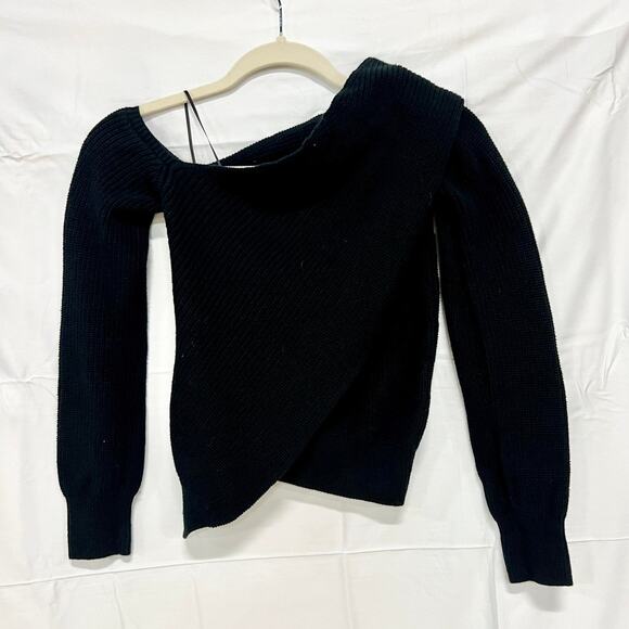 RTA Juliet Off-the-Shoulder Asymmetrical Ribbed Knit Sweater Black Women's XS - Picture 2 of 7